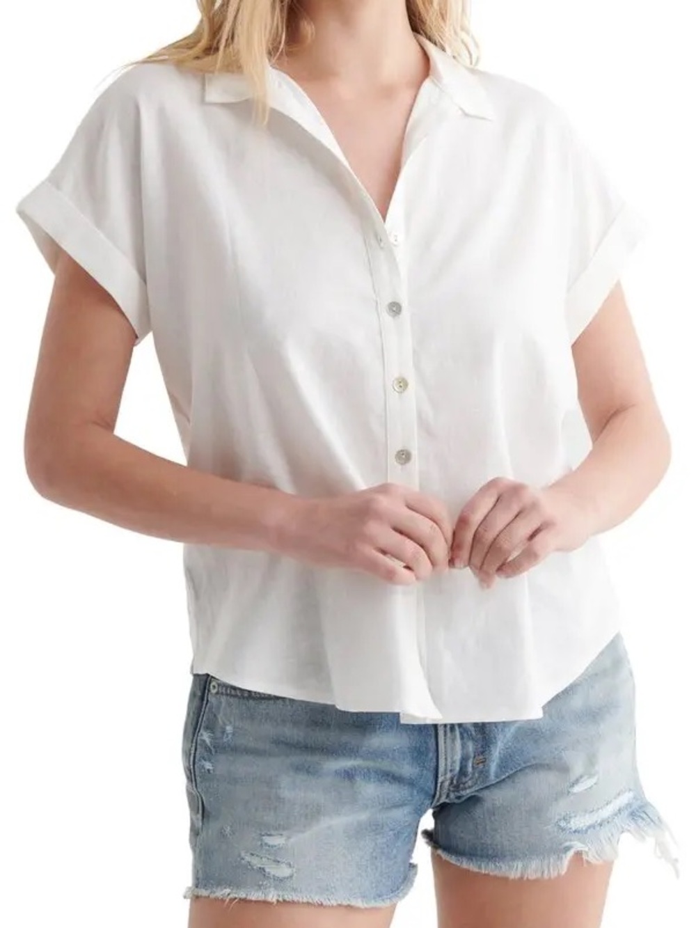 Lucky Brand White Short Sleeve Button-Down Blouse